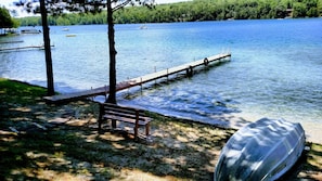 Summer view of dock, beach area, and lake.