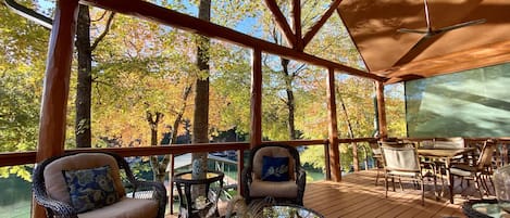 Comfortable seating on the lakefront deck, covered from the sun or rain.