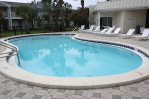 Gorgeous tropical pool is clean and newly renovated. Lots of seating & bathrooms