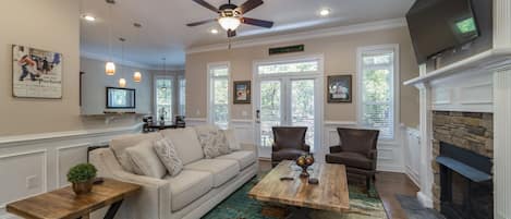 Plenty of comfortable seating with a sleeper sofa and two accent chairs