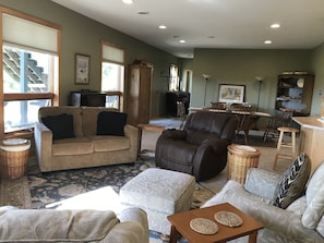 Open concept, living, kitchen, dining.