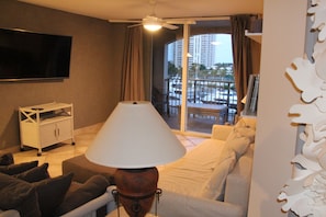 living room with the marina view