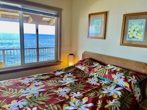 1st bedroom has a queen bed and en suite blue bathroom (1st bathroom)