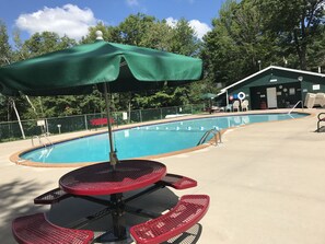 Outdoor heated swimming pool usable from Memorial Weekend to Labor Weekend.