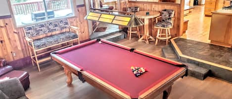 Billiard Room Flows to Open Floor Plan Overlooks Hot Tub, Heavenly, & Mountains