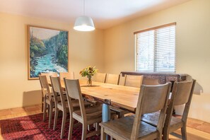 Enjoy a meal for14 at our handcrafted douglas fir table, or 6 at our cedar table