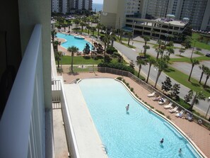 Zero Entry Pool View! Always plenty of lawn chairs and tables available.