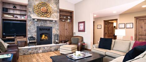 Great room with wood fireplace