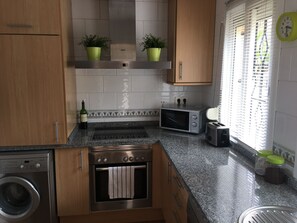 Modern kitchen with dishwasher, huge fridge/freezer, hob/oven, washing machine.