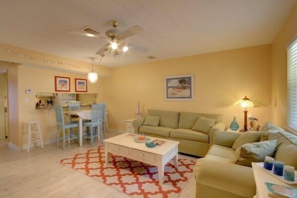 Living room has full size sleeper sofa