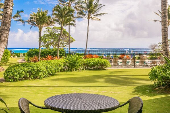 Lanai with beautiful ocean and pool views