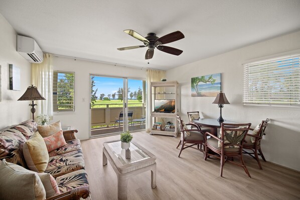Living area with distant ocen views and cable TV