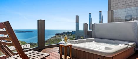 Easy to get in and out of hot tub with amazing view