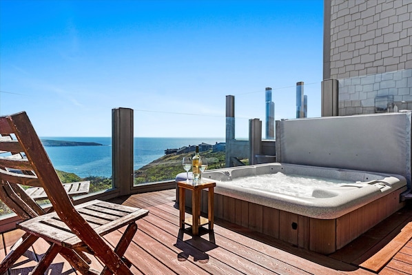 Easy to get in and out of hot tub with amazing view