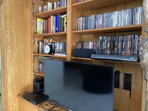 Television in the family room with lots of DVD's