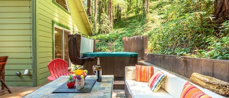 Spacious seating out among the towering redwoods