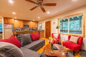 Cozy open concept enhances intimate gatherings