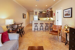 View from patio doors into living area and kitchen !