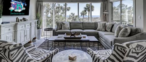 Ocean View Living Room with Flat Screen TV