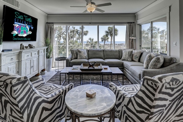Ocean View Living Room with Flat Screen TV