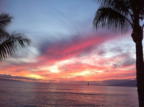 Sunsets framed by the islands of Lanai & Molokai taken from B-204's main balcony.