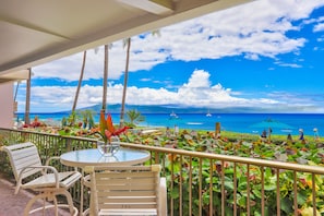 Oceanfront view and beautiful view of the island of Lanai from 102. Incredible year round sunsets!