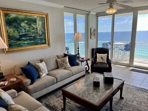Wonderful Ethan Allen sofas.....what a Gulf view.  
