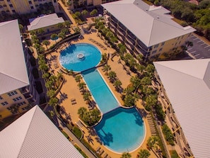 Aerial view of 8000 square foot pool - Just behind A building is the 8000 square foot pool. It is not heated in the winter - but the gulf front pool is!