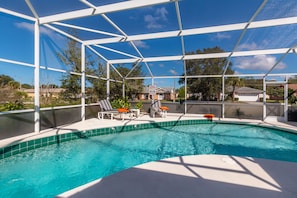 Spacious pool area, with solar heat system on the house's roof, adding a few degrees of warmth to the water (in swimming season).