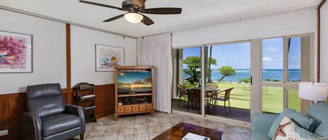 Living room with New Sofa Sleeper, Oceanfront Views, Cable TV