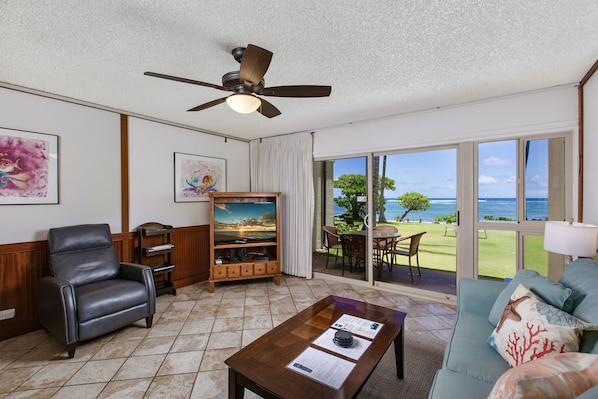 Living room with New Sofa Sleeper, Oceanfront Views, Cable TV