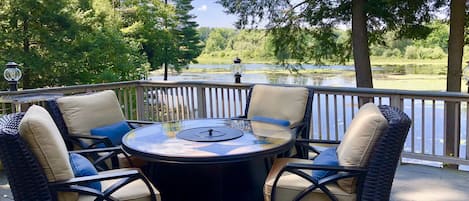 Peaceful Deck with Great Lake views, Comfortable Fire Table