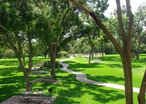 Sidewalks will guide you past the picnic tables and to one of the swimming pools!