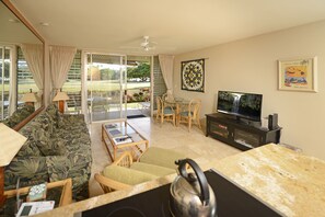 Open and Airy Living area with park and ocean view!