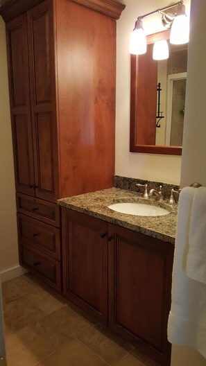 Master bath with tiled shower and granite countertop