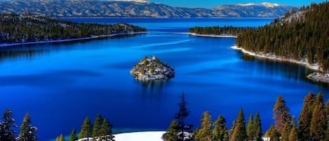 View of Emerald Bay in the winter.