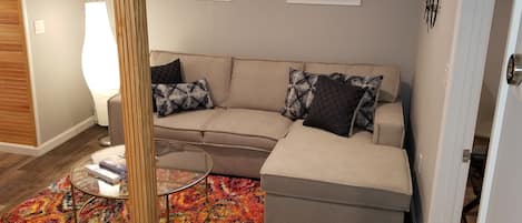 Living room area with pull out queen size sofa bed