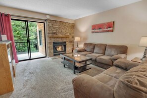 Cozy living area with gas fire for chilly easons.