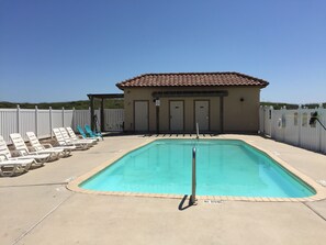 Very inviting pool with seating & restrooms. Shower & hose to rinse off sand!