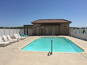 Very inviting pool with seating & restrooms. Shower & hose to rinse off sand!