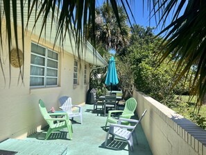 Plenty of outdoor seating to enjoy morning coffee or  cocktails in the evening.