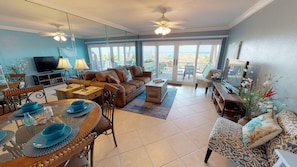 BEACH DECOR LIVING ROOM WITH 4 TOP DINNER TABLE AND 4 BAR STOOLS