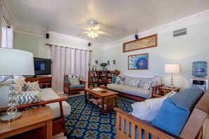 Living Room with two queen futons and nice large tv