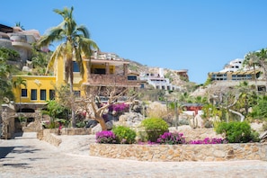 Front view of the villa and entry garden.