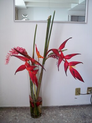 Tropical Heliconia floral arrangement from the nearby market.