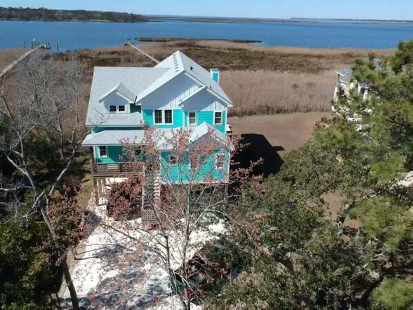 Arial view. Guest apartment is along the left side of the house.