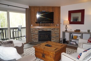 cozy gas fire and shady balcony.