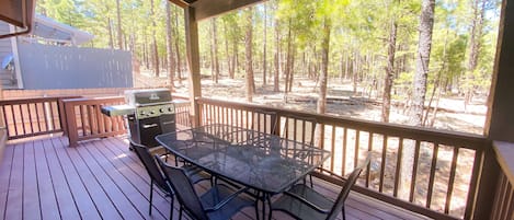 Large covered deck with gas BBQ and great place to watch wildlife. 