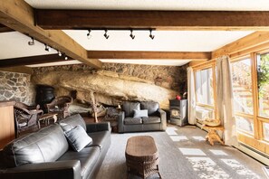 1st floor living room with exposed rock from hillside. 