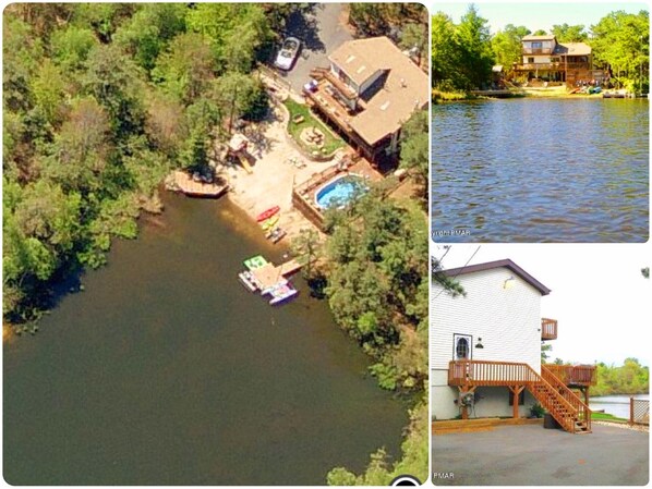 Satellite view - sandy beach, pool, hot tub, 2 docks, play set, large driveway